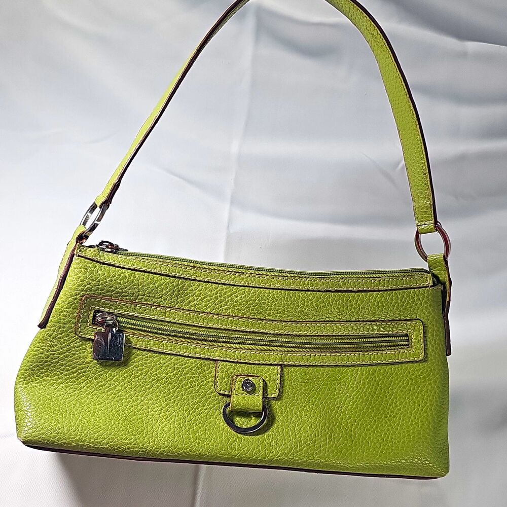 Y2k Tommy Hilfiger Green Pebbled Shoulder Bag Zip Closure Silver Hardware